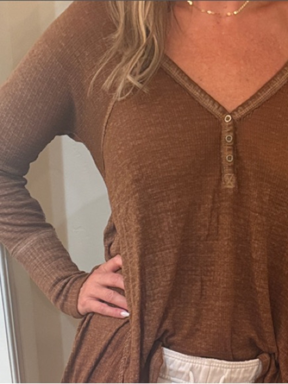 We The Free Brown Ribbed V-Neck Henley Long Sleeve Top